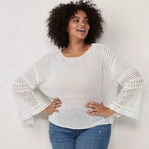 LC Lauren Conrad White Pointelle Crop Bell Sleeve Sweater - Picture 1 of 13